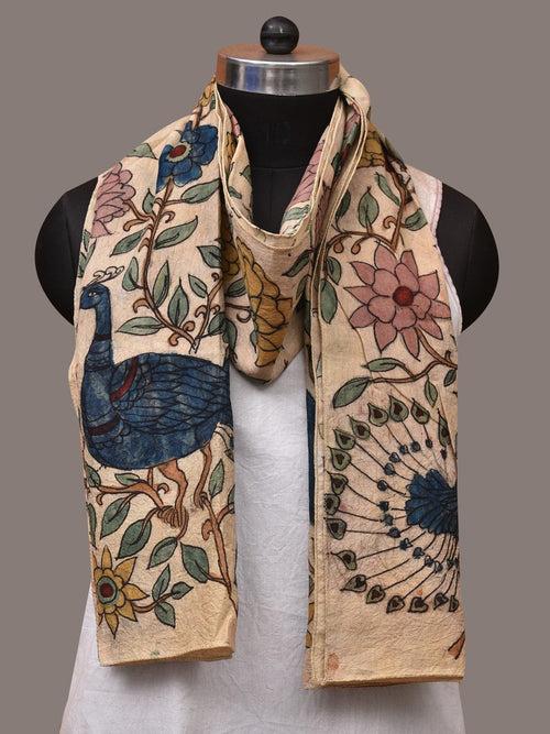 Cream Kalamkari Hand Painted Sico Stole with Floral and Peacocks Design ds3524