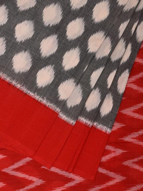 Grey and Red Pochampally Ikat Cotton Handloom Saree with Polka Dots Design No Blouse i0841