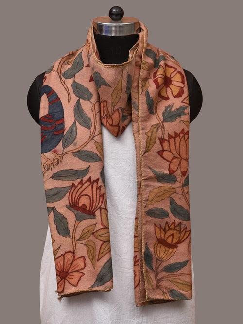 Light Peach Kalamkari Hand Painted Woolen Handloom Stole with Floral and Peacocks Design ds3544