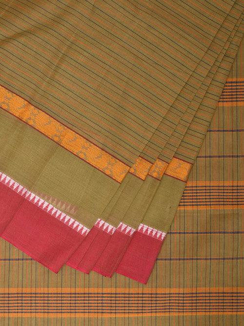 Olive Narayanpet Cotton Handloom Saree with Big Border Design No Blouse np0851