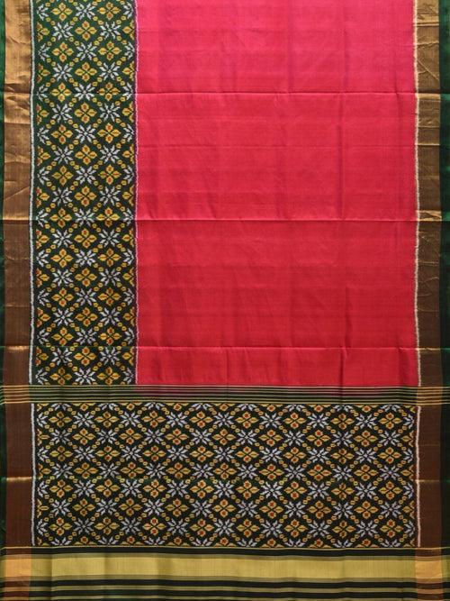 Pink and Green Pochampally Ikat Silk Handloom Saree with One Side Border Design i0845