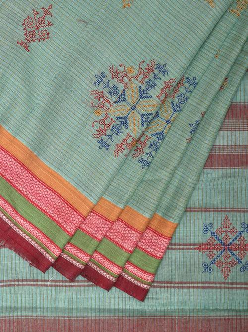 Turquoise Narayanpet Cotton Handloom Saree with Kasuti Work Design o0455