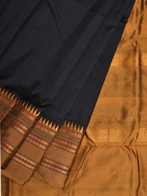 Black and Mustard Narayanpet Silk Handloom Plain Saree with Traditional Border Design No Blouse np0343