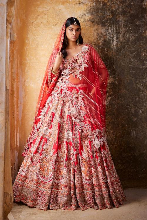 "Persephone" Red Raw Silk Bridal Lehenga