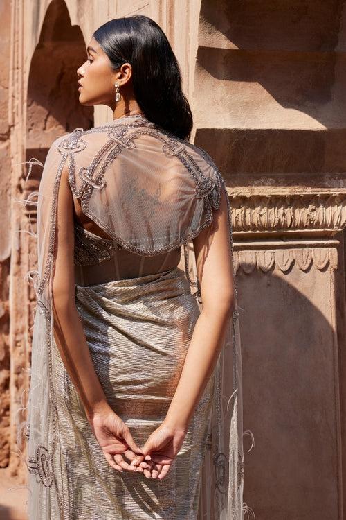 "Ismene" Pale Grey Woven Lycra Satin Drape Gown