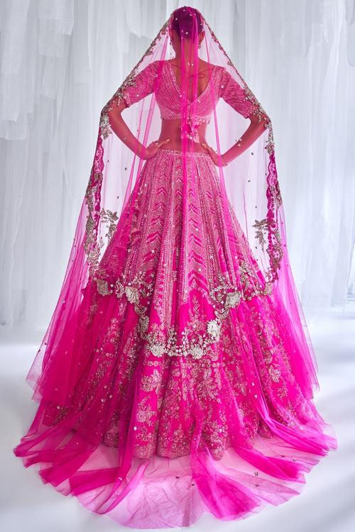 "Cynthia" Fuschia Raw Silk Bridal Lehenga Set