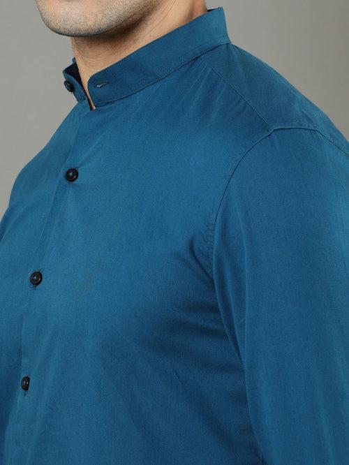 Mao Collar Teal Solid Shirt