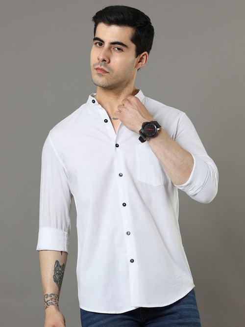 Mao Collar White Solid Shirt