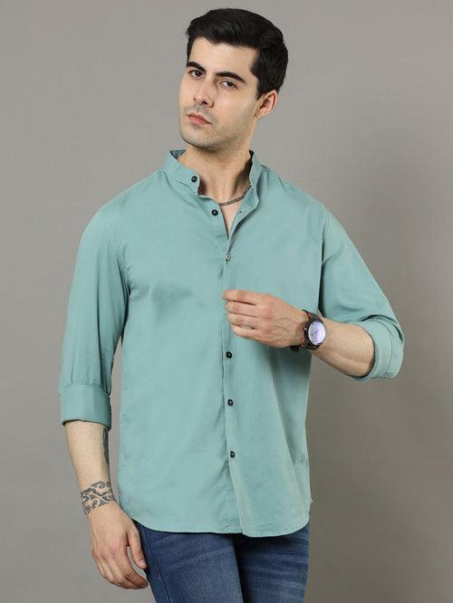 Mao Collar Laurel Green Solid Shirt
