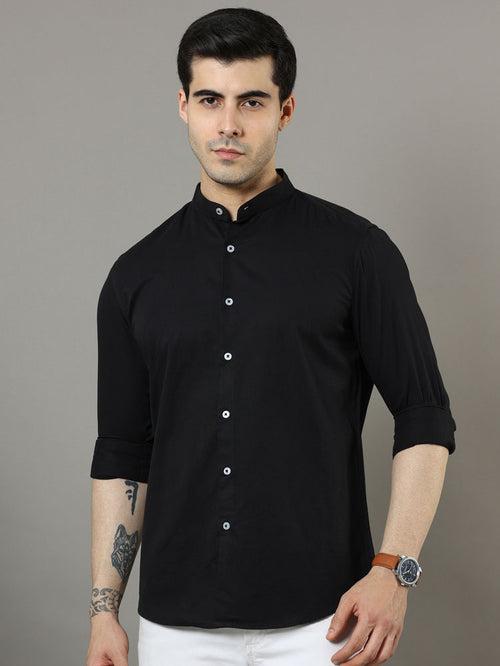 Mao Collar Black Solid Shirt