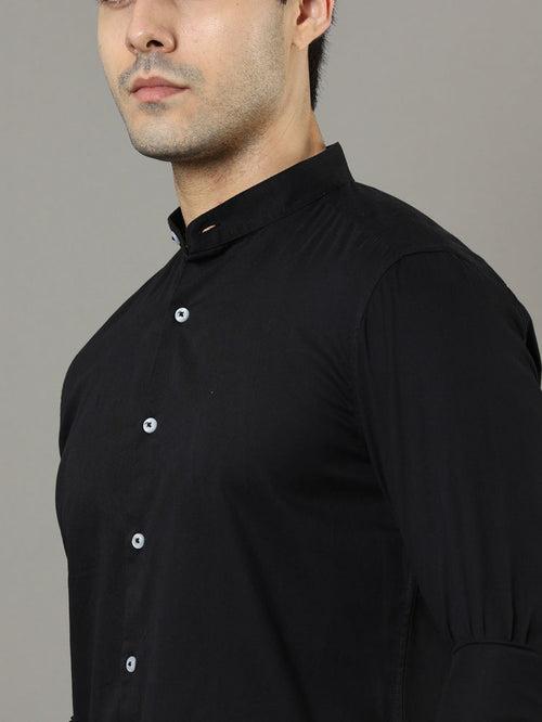 Mao Collar Black Solid Shirt