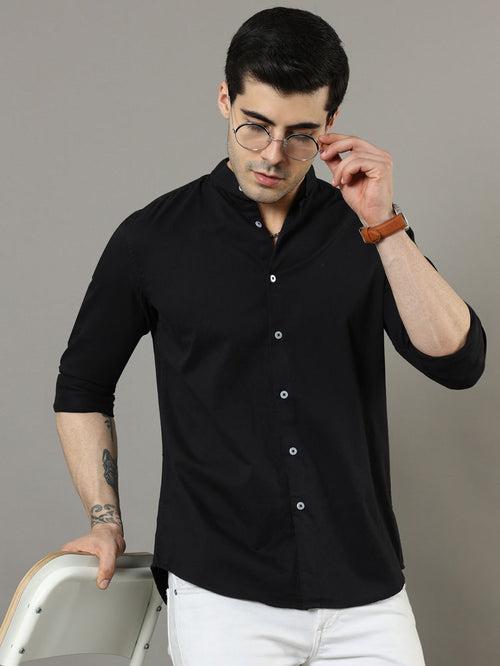 Mao Collar Black Solid Shirt