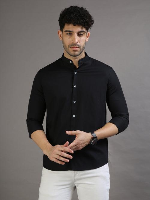 Dobby Black Chinese Collar Casual Shirt