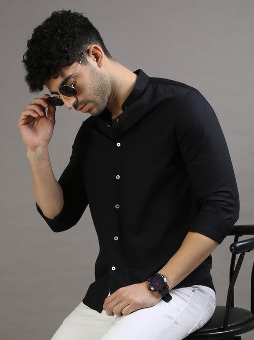 Dobby Black Chinese Collar Casual Shirt