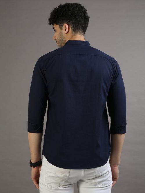 Dobby Navy Blue Chinese Collar Casual Shirt