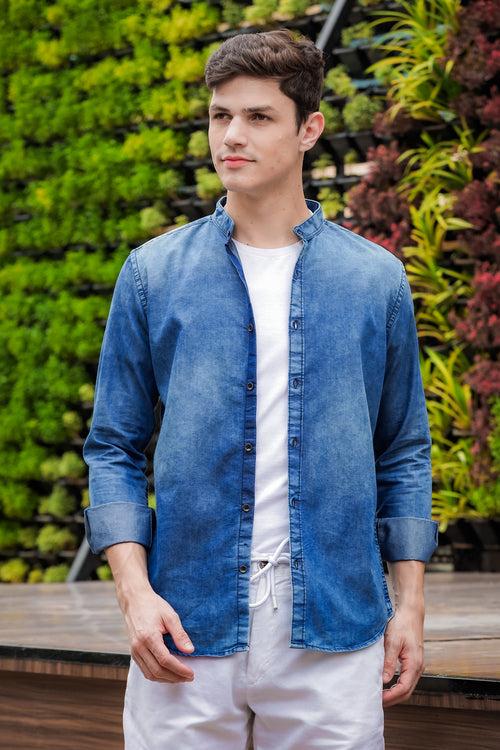 Stone Blue Chinese Collar Denim Shirt