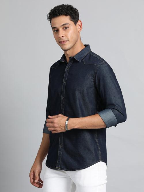 Dark Blue Solid Denim Shirt