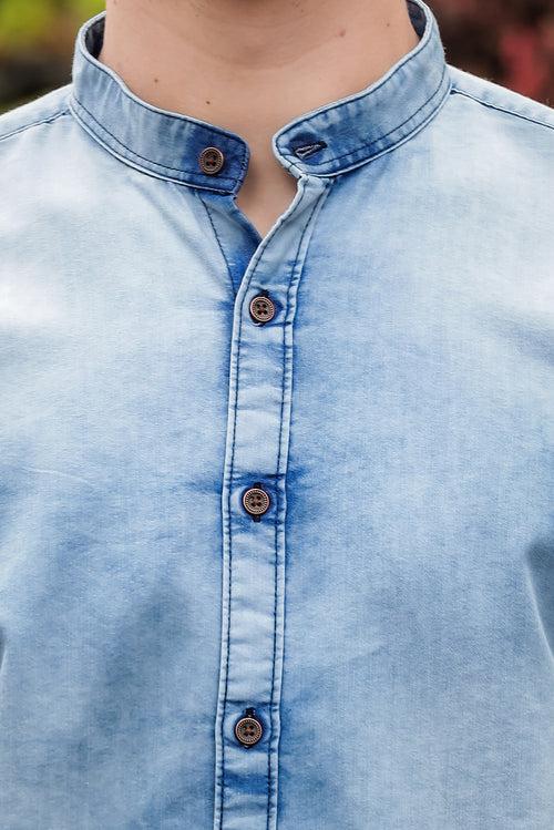 Ice Blue Chinese Collar Denim Shirt