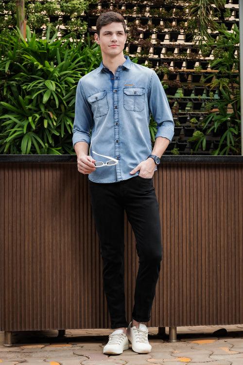 Slate Blue Cargo Denim Shirt