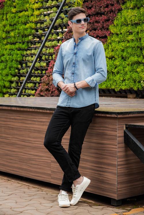 Ice Blue Chinese Collar Denim Shirt