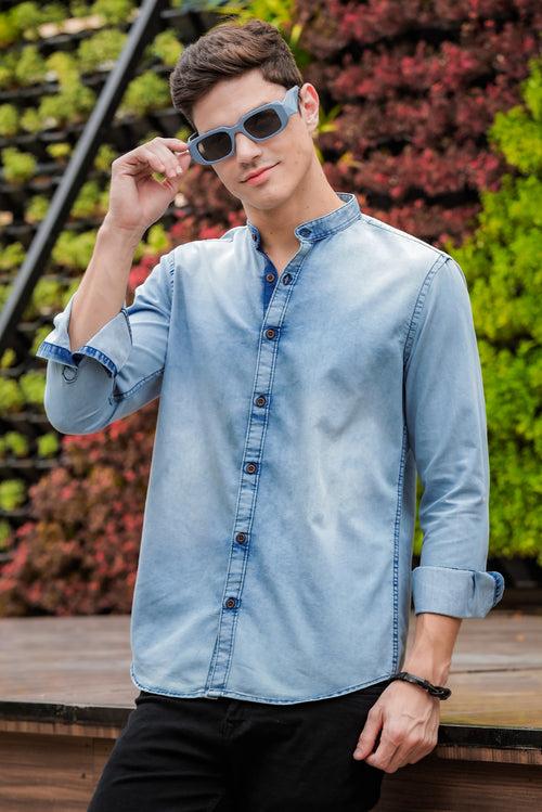 Ice Blue Chinese Collar Denim Shirt