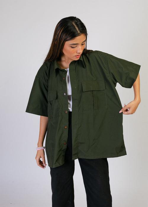 Military Cargo Shirt — Dark Olive Relaxed Fit