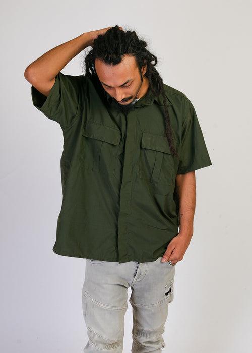 Military Cargo Shirt — Dark Olive Relaxed Fit