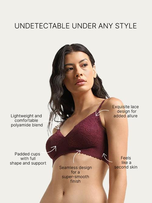 Wunderlove Burgundy Lace Design Invisible Padded Bra