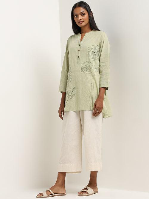 Utsa Green Floral Embroidered High-Low Cotton Kurti