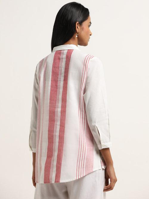 Utsa White and Red Pindna-Inspired Straight Cotton Tunic