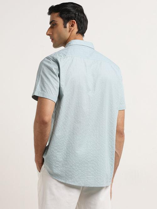 WES Casuals Aqua Seersucker Relaxed-Fit Cotton Shirt