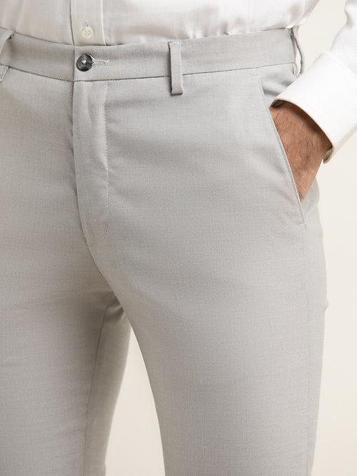 WES Formals Grey Ultra-Slim Fit Mid-Rise Cotton Blend Trousers