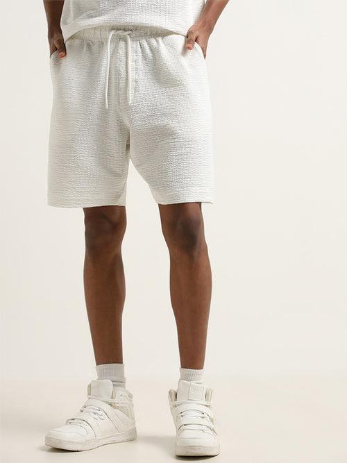 Studiofit White Waffle-Textured Relaxed-Fit Mid-Rise Cotton Blend Shorts