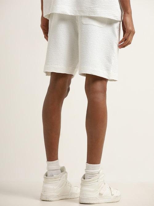 Studiofit White Waffle-Textured Relaxed-Fit Mid-Rise Cotton Blend Shorts