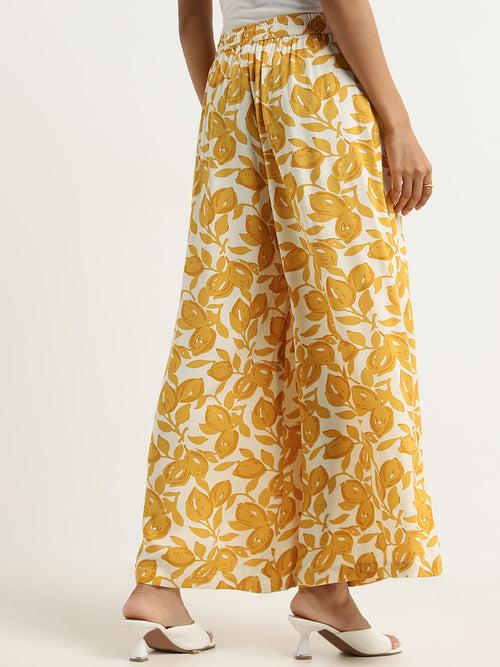 Utsa Yellow Floral Printed Mid-Rise Palazzos