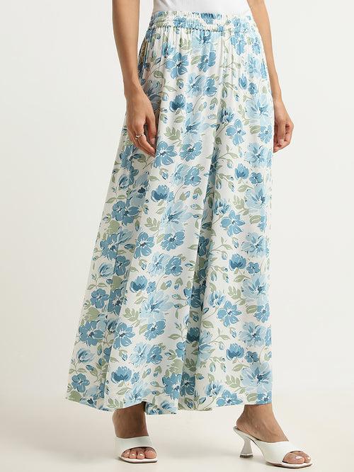 Utsa Blue Floral Printed Mid-Rise Palazzos