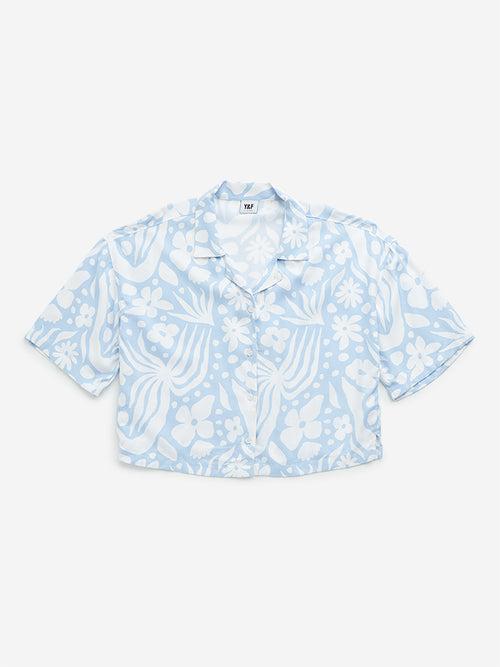 Y&F Kids Blue Floral Print Cotton Cropped Shirt