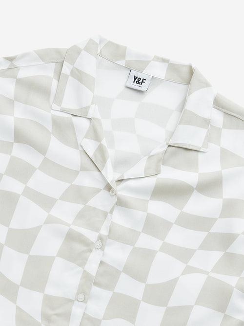 Y&F Kids Beige Checkered Print Cotton Cropped Shirt