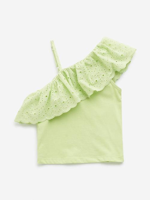 HOP Kids Lime Schiffli Detailed One-Shoulder Cotton Blend Top