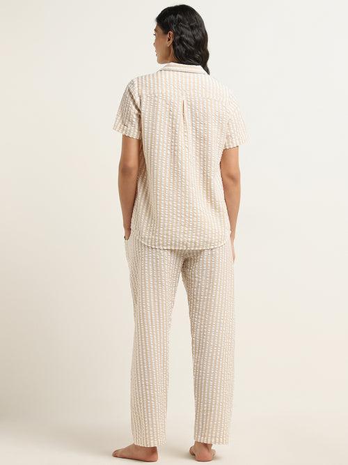 Wunderlove Beige Seersucker Striped Cotton Shirt and Mid-Rise Pyjamas Set