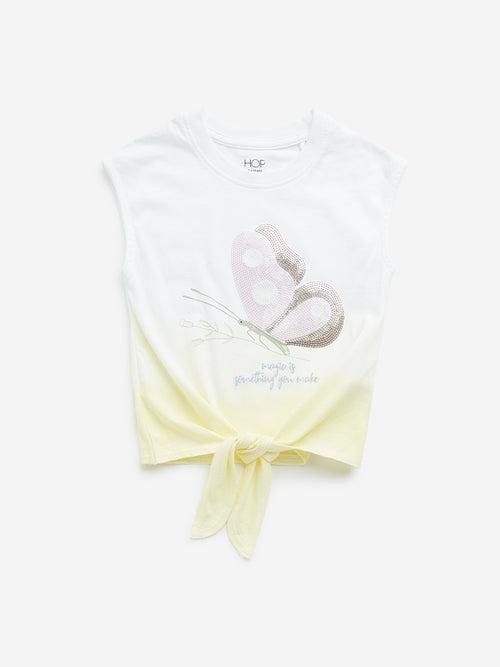 HOP Kids Light Yellow Sequinned Butterfly Design Cotton Top