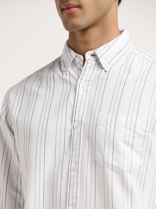 WES Casuals White Striped Relaxed-Fit Cotton Shirt