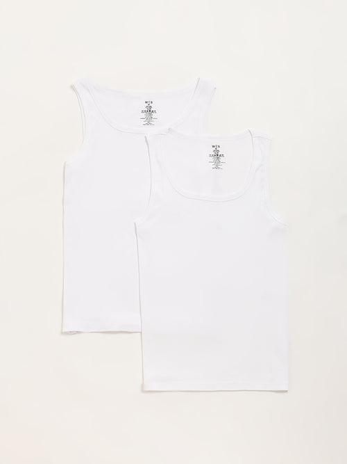 WES Lounge White Ribbed Cotton Vests - Pack of 2