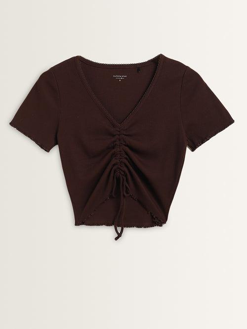 Superstar Brown Ruched-Detailed Cotton Blend Top