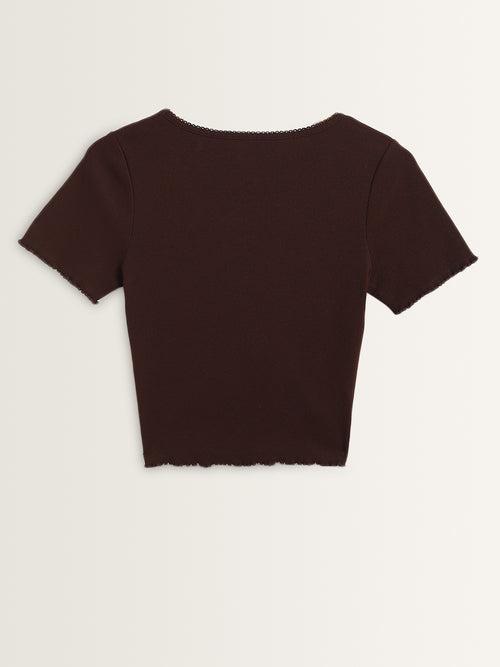 Superstar Brown Ruched-Detailed Cotton Blend Top