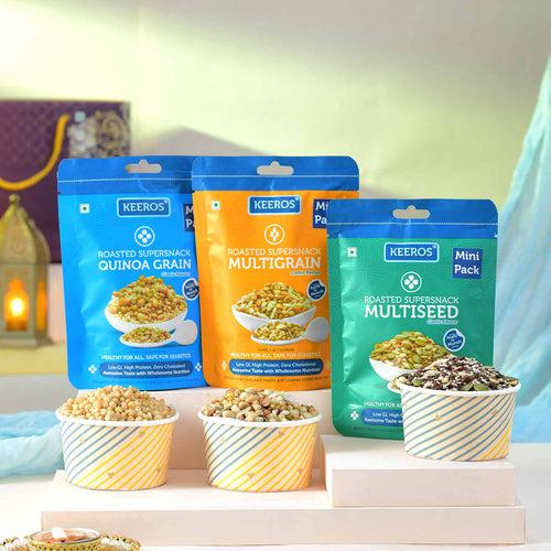 Keeros Healthy Bhai Dooj Gift Hamper with Roli Chandan Tikka Chawal Mishri Pack : Combo of Sweet & Salted, Tasty & Nutritious Snacks in a Classy Premium Gift Box | 6 Varieties of Healthy Snack Pouches of 33g to 50g