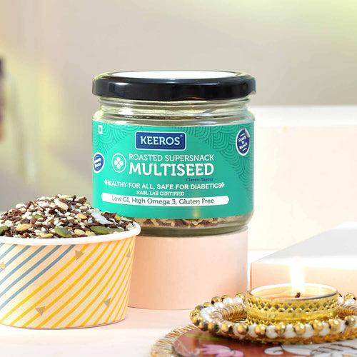 Keeros Healthy Bhai Dooj Gift Hamper for Brother with Roli Chandan Tikka Chawal Mishri | Combo of Sweet & Salted, Tasty & Nutritious Super Snacks in Glass Jars Packed in a Beautiful Gift Hamper