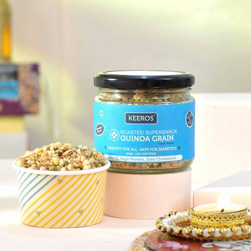 Keeros Healthy Bhai Dooj Gift Hamper for Brother with Roli Chandan Tikka Chawal Mishri | Combo of Sweet & Salted, Tasty & Nutritious Super Snacks in Glass Jars Packed in a Beautiful Gift Hamper