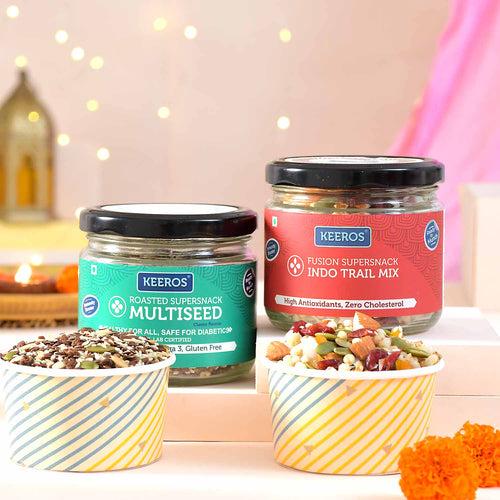 Keeros Healthy Diwali Gift Hamper for Friends & Family | Combo of Sweet & Salted, Tasty & Nutritious Super Snacks in Glass Jars Packed in a Beautiful Gift Hamper