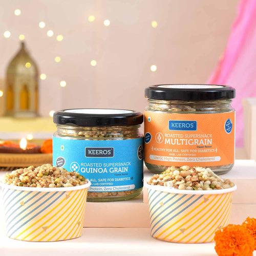 Keeros Healthy Diwali Gift Hamper for Friends & Family | Combo of Sweet & Salted, Tasty & Nutritious Super Snacks in Glass Jars Packed in a Beautiful Gift Hamper